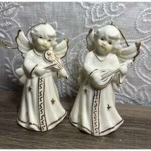 Angel Ornament With Instrument Bell Set Ivory Gold Walnut Creek Christmas Violin